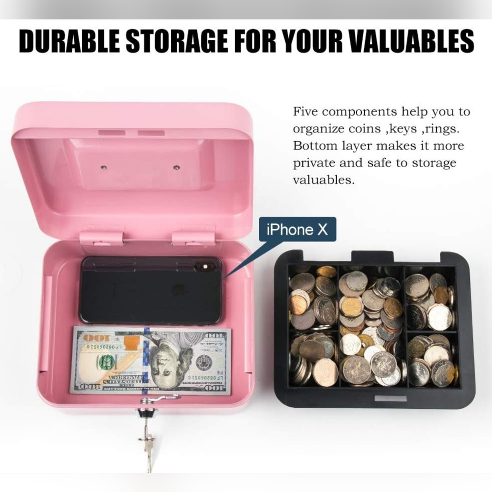 Durable Steel Pink Medium Lock Cash Box With Cash Drawer and a Set Of Lock Keys - Picture 3 of 8
